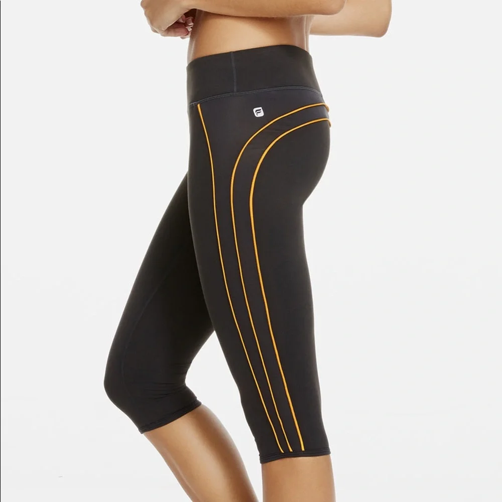 Fabletics Black Capri Leggings with Orange Piping